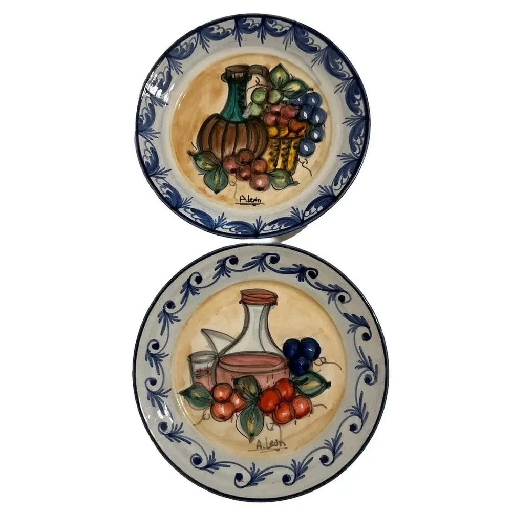Blue & White wall Fruit Wine Plates 8”‎ Chinoiserie Kitchen Hand painted Signed